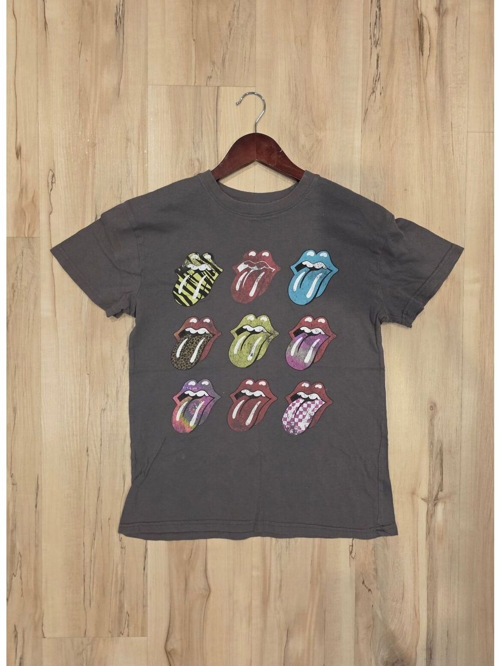 The Rolling Stones Gray Graphic T-Shirt with Colorful Tongue Logos, Size Small